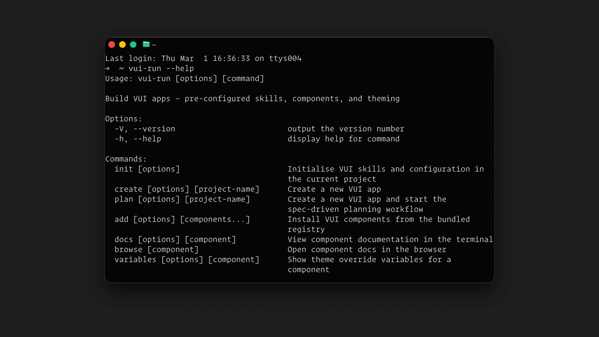 VUI Run – Help terminal command